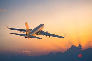 Ilustracja Passenger airplane flying above clouds during, Michal Krakowiak