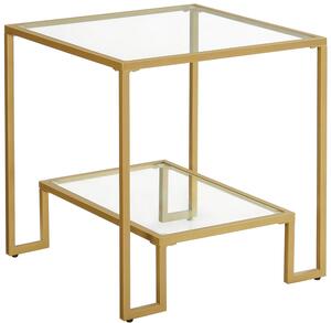 Szklany kwadratowy stolik kawowy złoty z półką - Tivi