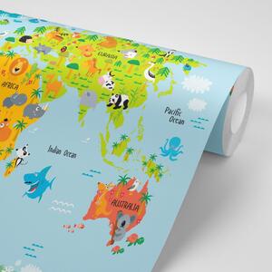 Samoprzylepna tapeta dziecięca mapa świata ze zwierzętami