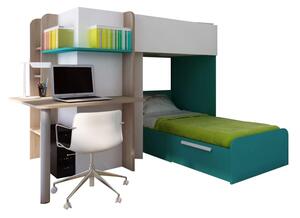 Łóżko piętrowe SAMUEL – 2 × 90 × 190 cm – wbudowane biurko – kolor sosna biała i turkusowy