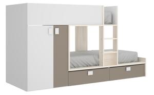 Łóżko piętrowe JUANITO – wbudowana szafa – 2 × 90 × 190 cm – kolor biały, dębowy i taupe