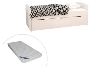 Łóżko LOUANE z 2 szufladami i 1 pojemnikiem na pościel – 90 × 190 cm – kolor biały, z materacem