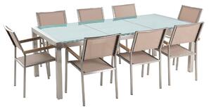 Zestaw ogrodowy stół szklany tłuczony blat 220x100cm 8 krzeseł beżowych Grosseto Beliani