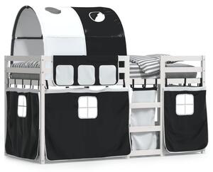 Łóżko piętrowe z zasłonkami, biało-czarne, 90x190 cm, sosnowe