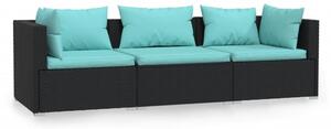 Sofa 3-osobowa ogrodowa z poduszkami, czarna, polirattan