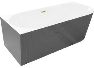 Mexen Silo wanna wolnostojąca narożna lewa ryflowana 150 x 75 cm, biała/szara, przelew złoty szczotkowany - 52891507562L-55