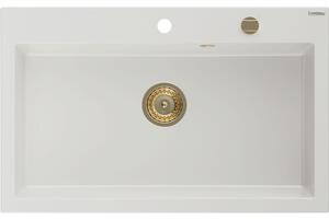 Mexen Elix zlewozmywak granitowy 1-komorowy 800 x 500 mm, biały, syfon złoty - 6527801005-20-G