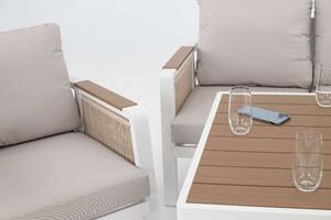 MebleMWM Zestaw ogrodowy z aluminium PROVENCE | Biały + imitacja drewna | Beżowe poduszki