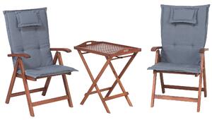 Zestaw mebli balkonowych ciemne drewno akacjowe stół 2 krzesła poduszki niebieskimi Toscana Beliani