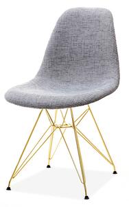 Designerskie krzesło w szarej tkaninie na złotej podstawie mpc rod tap