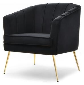 Elegancki fotel z miękkim siedziskiem estel czarny welur glamour z przeszyciami na złotej nodze