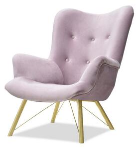 Pikowany fotel dalton liliowy uszak glamour z weluru na designerskiej złotej nodze