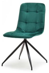 Eleganckie krzesło sally butelkowa zieleń z pikowanego weluru na czarnej metalowej nodze