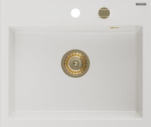 Mexen Oscar zlewozmywak granitowy 1-komorowy 580 x 490 mm, biały, syfon złoty - 6519581000-20-G