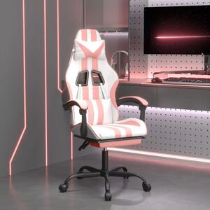 Obrotowy fotel gamingowy z podnóżkiem, biało-różowy, ekoskóra
