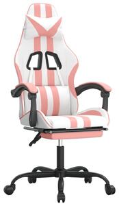Obrotowy fotel gamingowy z podnóżkiem, biało-różowy, ekoskóra
