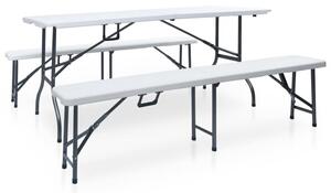 Składany stół ogrodowy z 2 ławkami, 180 cm, stal i hdpe, biały