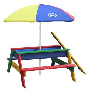 AXI Drewniany stolik piknikowy Nick, parasol, pojemniki na piasek/wodę