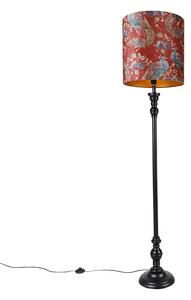 Klasyczna lampa podłogowa czarna klosz welurowy czerwony paw 40cm - Classico Oswietlenie wewnetrzne