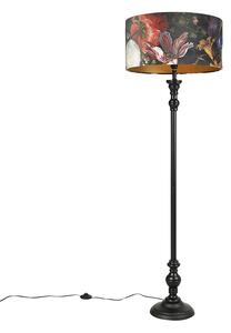 Klasyczna lampa podłogowa czarna klosz welurowy kwiaty 50cm - Classico Oswietlenie wewnetrzne
