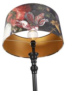 Klasyczna lampa podłogowa czarna klosz welurowy kwiaty 50cm - Classico Oswietlenie wewnetrzne