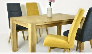 Stół dębowy i żółte, szare krzesła