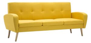 Żółta sofa trzyosobowa drewniane nóżki, scandi