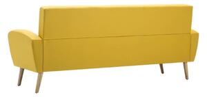 Żółta sofa trzyosobowa drewniane nóżki, scandi