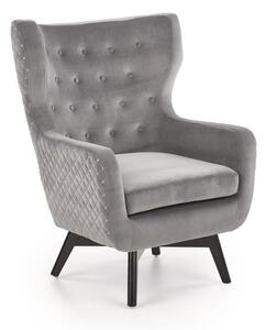 Pikowany fotel uszak velvet szary + drewniane nogi | Umeblowana.com