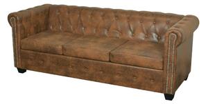 Trzyosobowa brązowa sofa pikowana w stylu loft, chesterfield