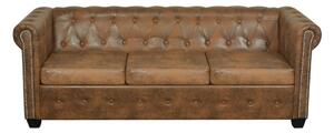 Trzyosobowa brązowa sofa pikowana w stylu loft, chesterfield