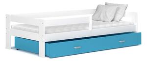 Łóżko z materacem, szufladą i stelażem białe z niebieskim