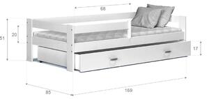 Szare łóżko z materacem i szufladą dziecięce