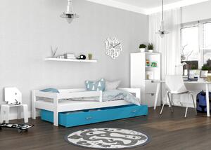 Łóżko z materacem, szufladą i stelażem białe z niebieskim