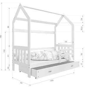 Białe łóżko dziecięce w kształcie domku z szufladą i barierką