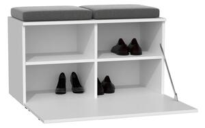 Biała otwierana szafka na buty do przedpokoju z siedziskiem