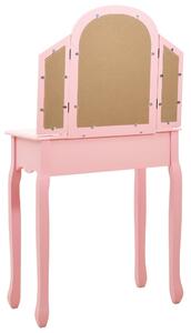 Drewniana konsola z lustrem, różowa toaletka + taboret, 65 cm