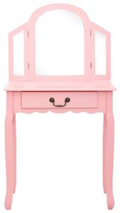 Drewniana konsola z lustrem, różowa toaletka + taboret, 65 cm