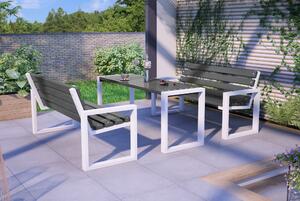 Stół ogrodowy z ławkami 150 cm biały stelaż + drewno