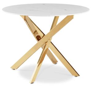 Stół Okrągły Szklany BALI 100 cm Biały Marmur/Złoty Glamour