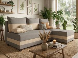 Rozkładana narożna sofa VALERIO SLIM 200x140 cm, jasnoszara/beżowa, uniwersalna + 2 poduszki GRATIS