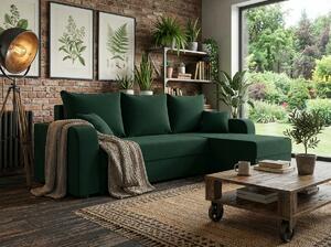 Rozkładana narożna sofa VALERIO 238x140 cm, ciemnozielona, uniwersalna + 2 poduszki GRATIS