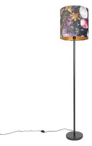 Lampa podłogowa czarna klosz welurowy kwiaty 40cm - Simplo Oswietlenie wewnetrzne