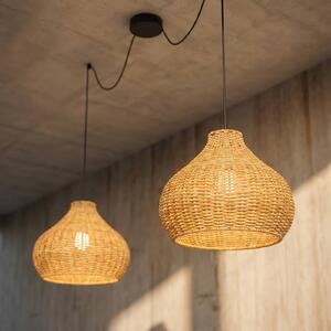 Zewnętrzna lampa wisząca Lucande Taniola, 2-punktowa, beżowy, rattan, IP44 Taniola Lucande, możliwość ściemniania, jasne drewno, drewno, dworkowy / rustykalny