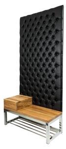 Ławka Metalowa z Panelem Ściennym Pikowanym Czarna Ekoskóra Siedzisko Drewno Lite LPPK-64 Rozmiary od 50 cm do 100 cm