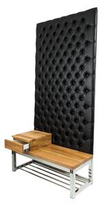 Ławka Metalowa z Panelem Ściennym Pikowanym Czarna Ekoskóra Siedzisko Drewno Lite LPPK-64 Rozmiary od 50 cm do 100 cm