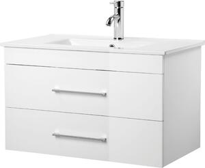 Szafka z ceramiczną umywalką biała, front w połysku 80 cm
