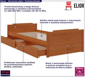 Drewniane łóżko z szufladami miodowy brąz 90x200 - Haver