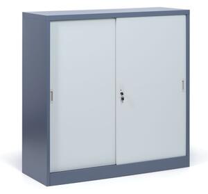 Metalowa szafa z przesuwnymi drzwiami, demontowana, 2 półki, 1200 x 1200 x 450 mm, jasnoszary