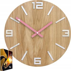 Zegar Ścienny Dębowy Drewniany Kwarcowy Arabic Wood White&Pink